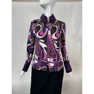 Psychedelic Patterned Jacket With Sequin Collar & Cuffs Sz Lg Zip Front Polyeste